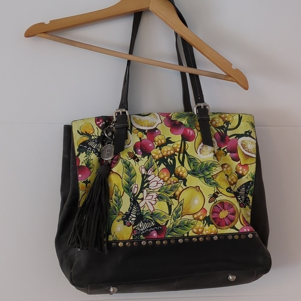 Firenze Bella Genuine Leather Tote Shoulder Bag Boho Colorful Print& Key Charm